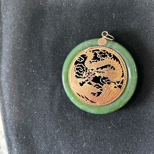 Beautiful Jade Round Circle Donut Pendant with Goldtone Carved Dragon